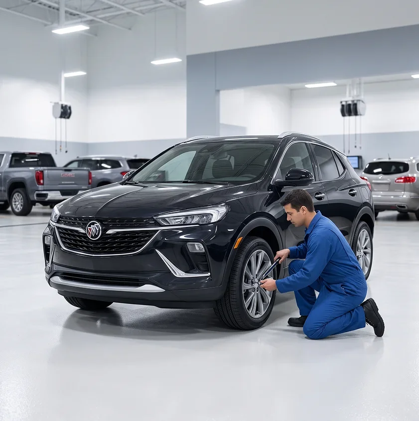 A technician in blue coveralls kneels beside a black Buick Encore GX and works on its front wheel with a hand tool, with more vehicles parked in the service area behind