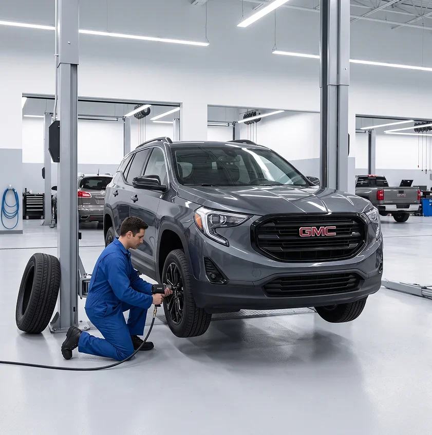 A dark grey GMC Terrain raised on a two-post lift as a technician in blue coveralls removes a front wheel with an air impact wrench, a spare tire leaning against the lift post