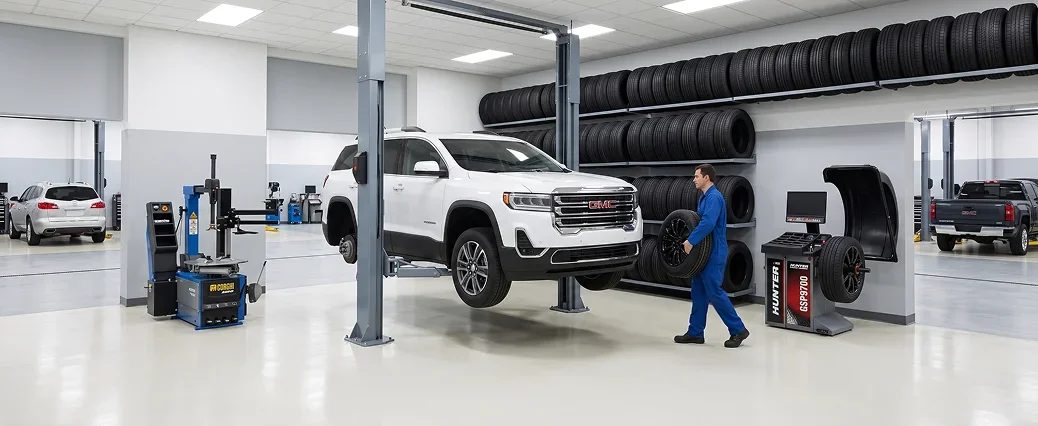 A technician in blue coveralls carries a tire past a white GMC Acadia raised on a lift, beside a Hunter wheel balancer, a Corghi tire changer and wall racks full of tires