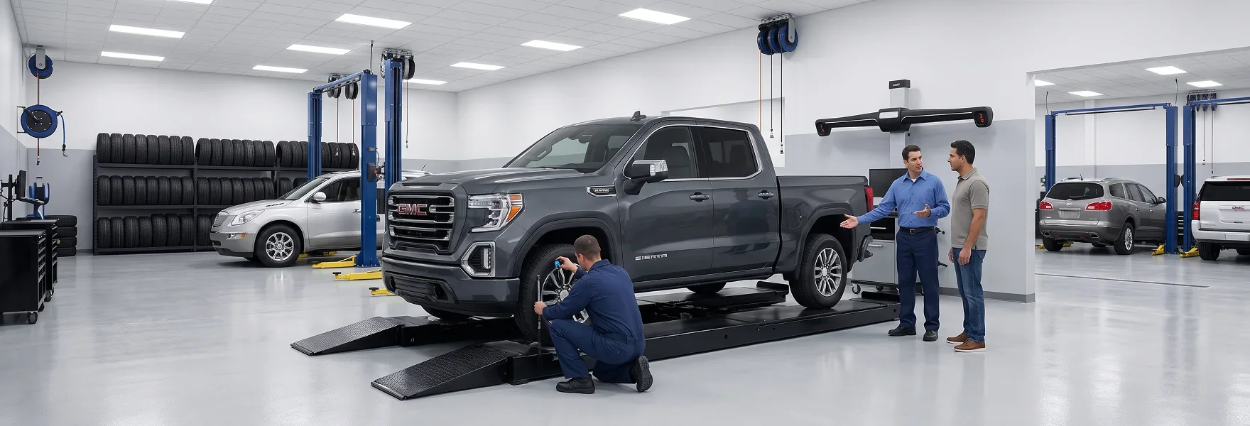 A technician checks the front wheel of a dark grey GMC Sierra on an alignment rack while a service advisor talks with a customer beside the alignment equipment, with tire racks along the back wall