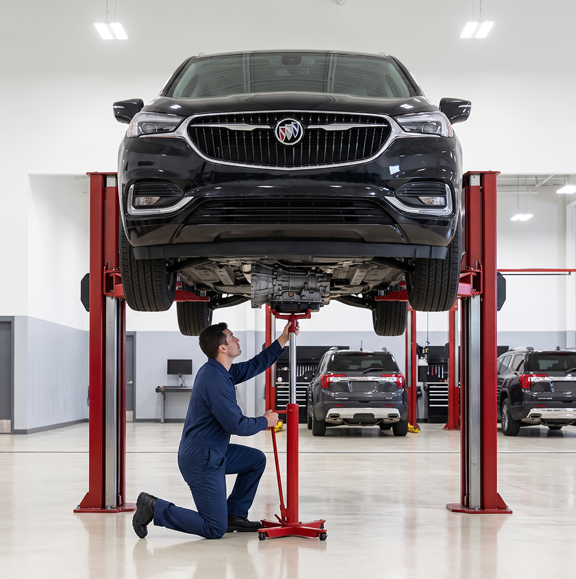 A technician in navy coveralls kneels and positions a red transmission jack under a black Buick Enclave raised on a red two-post lift