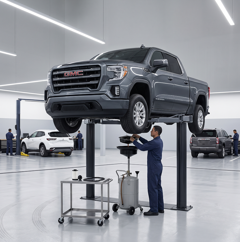 A technician in navy coveralls works at the underside of a grey GMC Sierra on a lift, beside a fluid drain and a parts cart