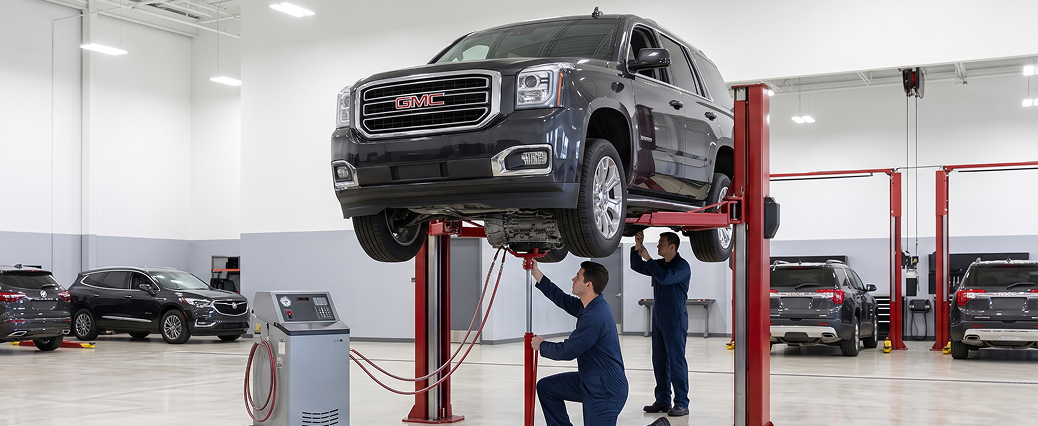 Two technicians work beneath a black GMC Yukon raised on a red lift, one steadying a transmission jack, with a fluid exchange machine nearby