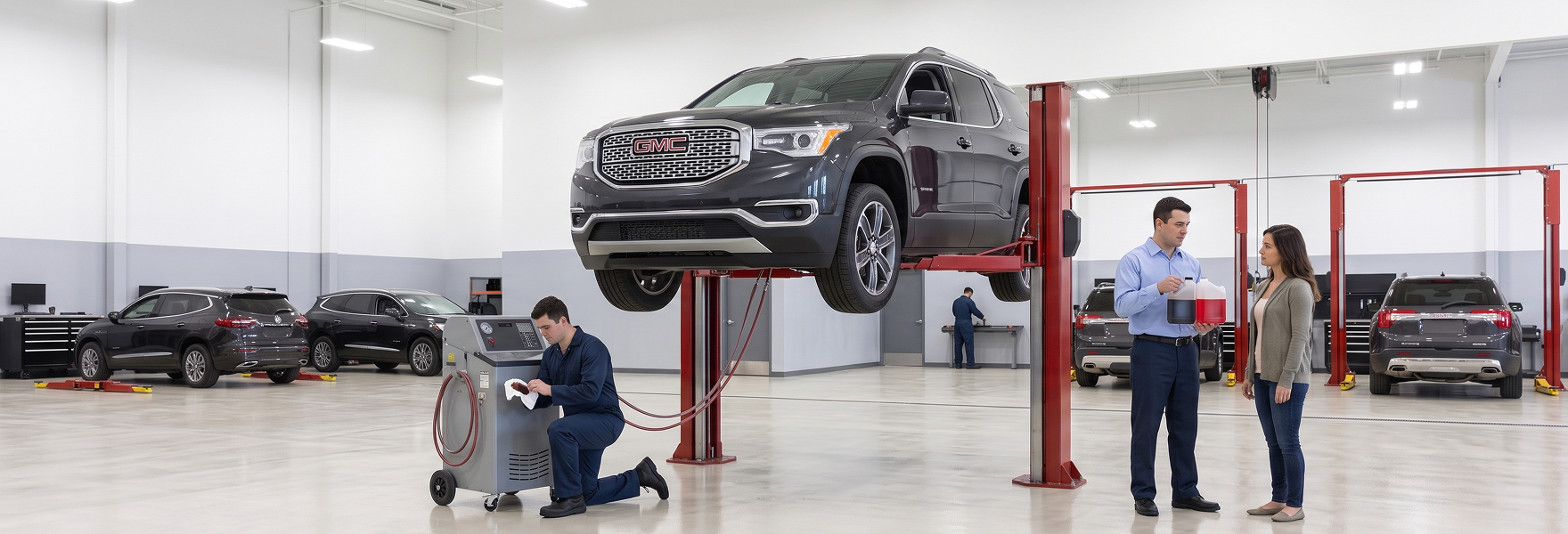 A technician kneels beside a transmission fluid service machine connected to a grey GMC Acadia on a lift while a service advisor talks with a customer