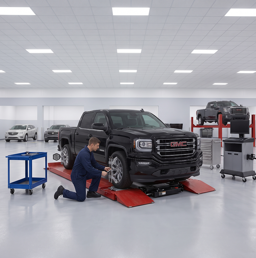 A technician kneels to fit an alignment clamp to the front wheel of a black GMC Sierra on a red alignment rack, with the alignment console behind him