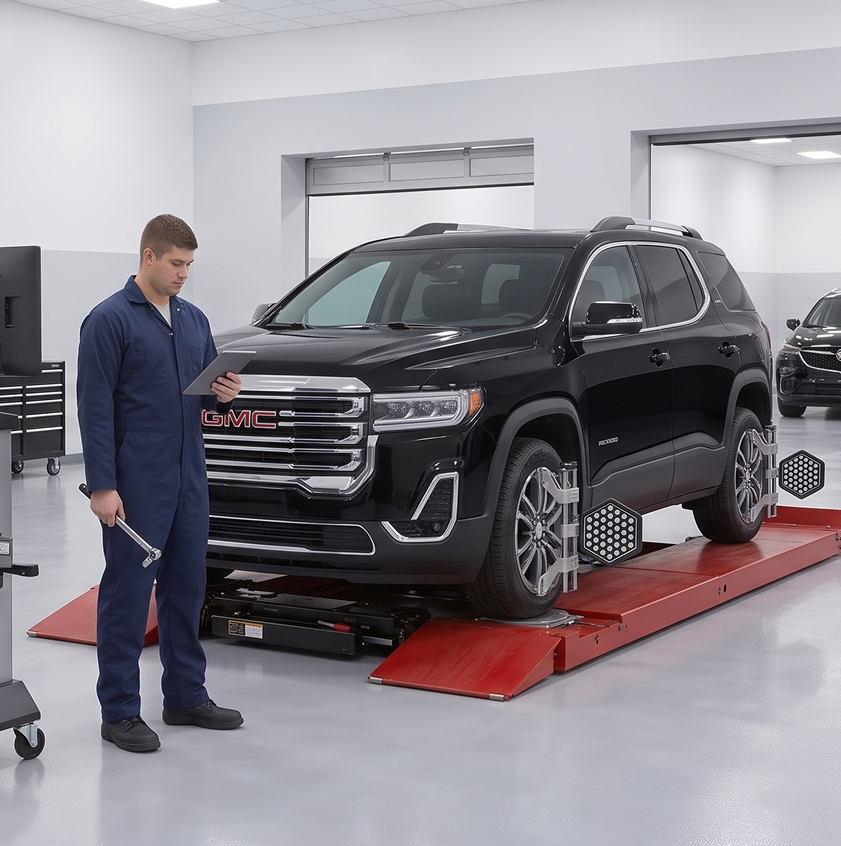 A technician holding a tablet and a wrench stands beside a black GMC Acadia on a red alignment rack with alignment targets mounted on its wheels