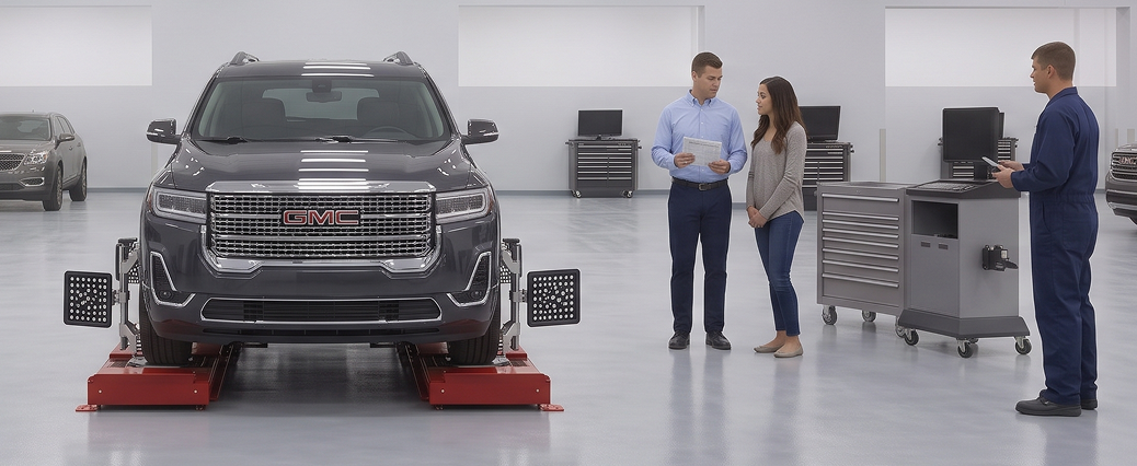 A grey GMC Acadia on a red alignment rack with targets on its wheels while a service advisor talks with a customer and a technician checks a tablet