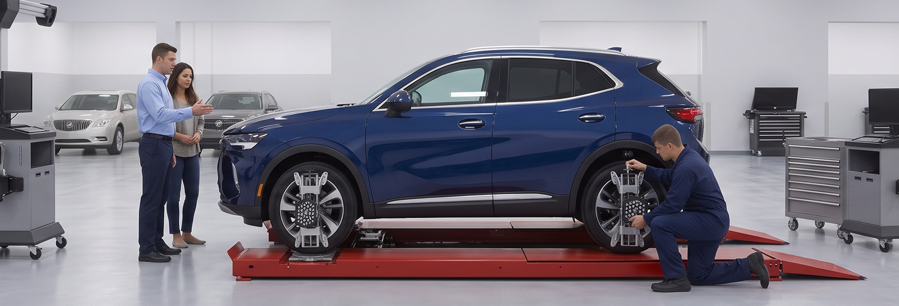 A technician kneels to adjust a wheel target on a blue Buick Envision on an alignment rack while a service advisor shows a customer a tablet