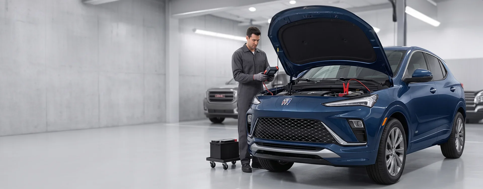 A technician in grey coveralls holds a battery tester with its clamps connected under the raised hood of a blue Buick Encore GX, a replacement battery on a cart beside him and a grey GMC SUV parked behind
