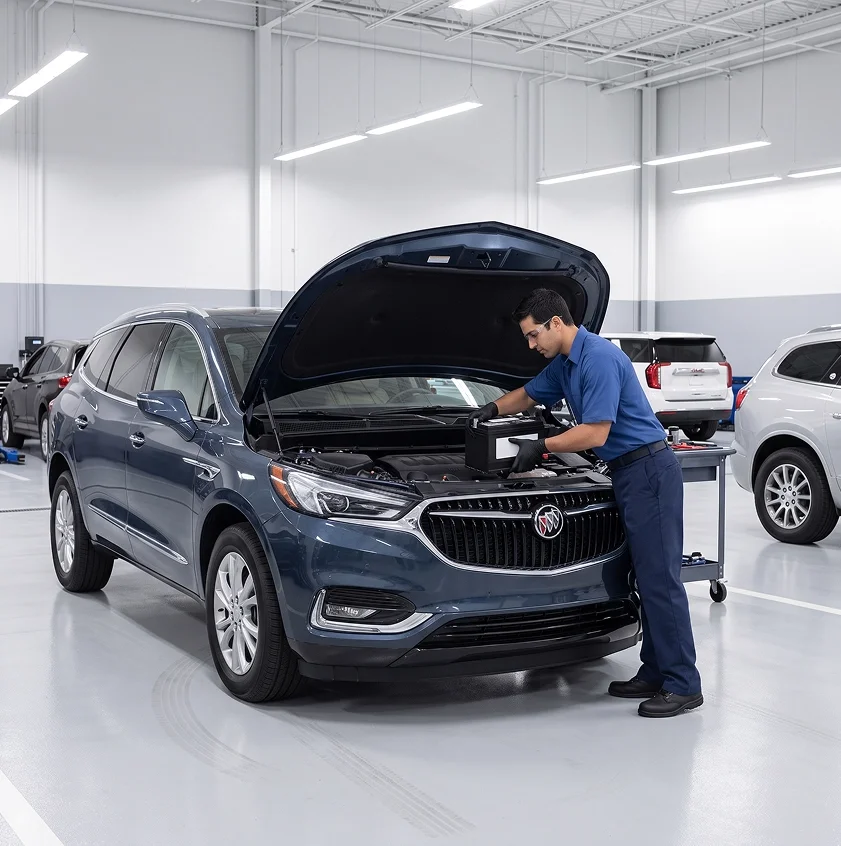A technician in a blue work shirt lifts a battery out of the engine bay of a blue Buick Enclave with its hood raised in a bright service shop