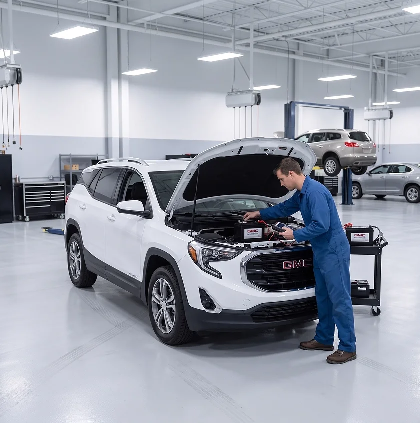 A technician in blue coveralls checks the battery of a white GMC Terrain with a handheld tester, a GMC battery waiting on a cart beside the open hood