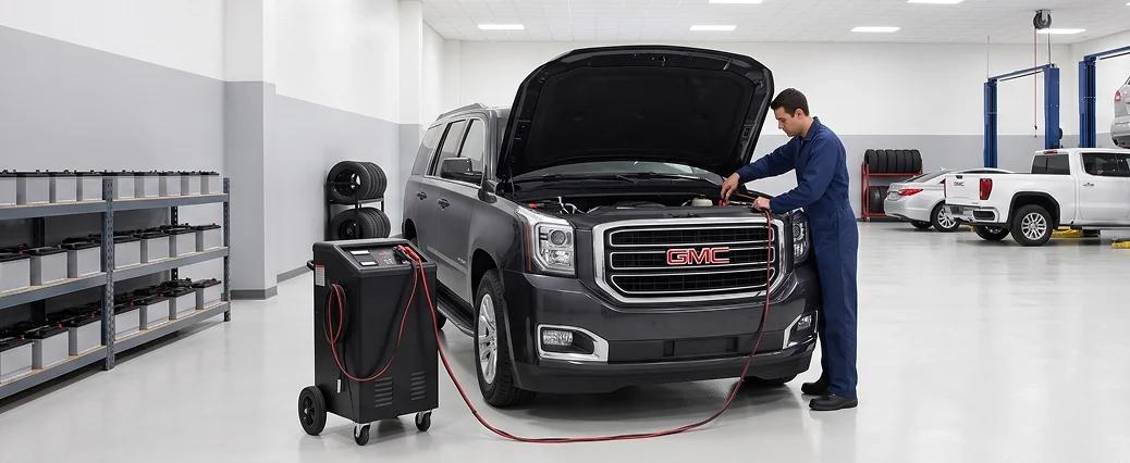 A technician connects a wheeled battery service unit to a black GMC Yukon with its hood open, beside shelves stocked with replacement batteries