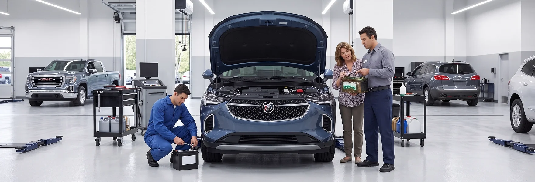 A technician kneels to work on a battery beside a blue Buick Encore GX while a service advisor shows a new battery to a customer in the service bay